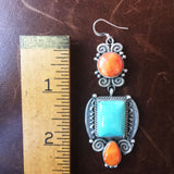 Three Stone Spiny Oyster and Campitos Turquoise Earrings Square Signed