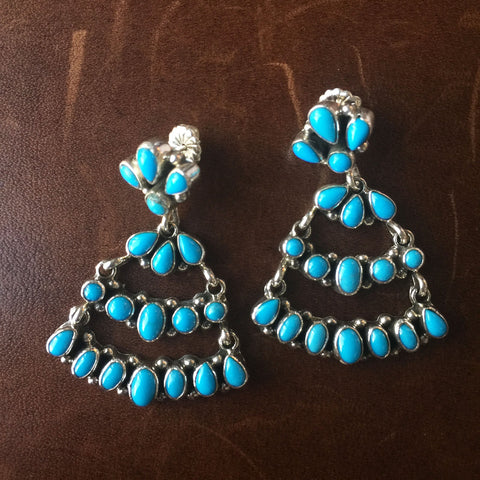 Pyramid Shaped Rare Sleeping Beauty Turquoise Sterling Earrings Cluster Signed