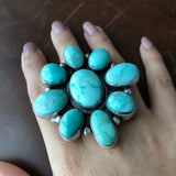 Beautiful Handmade Carico Lake Turquoise Statement Flower Ring Size 6