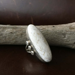 Beautiful Handmade Sterling Single Stone Long Oval White Buffalo Ring Size 6