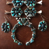 Vintage Carico Lake Turquoise Cluster Squash Blossom Oxidized Necklace Set