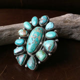 Large Handmade Sterling Carico Lake Turquoise Long Flower Statement Ring Size 9