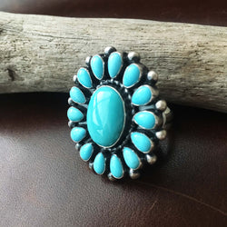 Beautiful Sky Blue Sleeping Beauty Turquoise Flower Cluster Ring Size 8.5