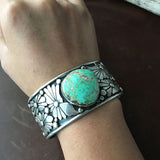 Natural Carico Lake Turquoise Sterling Silver Flower Overlay Bracelet Cuff