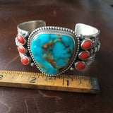 Top Grade Natural Royston and Coral Sterling Cuff Signed Handmade M and R