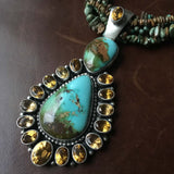 Statement Royston Turquoise Five Strand Necklace with Citrine Pendant Signed