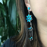 Blue Sunflower Sleeping Beauty Turquoise Dangle Earrings Signed Carlos Santa Fe
