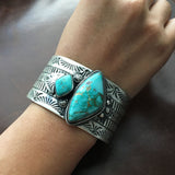Two Stone Simple Silver Stamp Royston Turquoise Cuff Bracelet Ray Bennet Signed