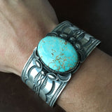 For Men Danny Clark Signed Royston Spiderweb Turquoise Large Cuff Silver Stamp
