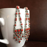 Beautiful Mini Clustered 14 Carat Red Coral Long Dangle Sterling Silver Earrings