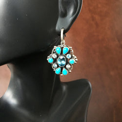 Round Dangle Earrings Blue Topaz and Sleeping Beauty Handmade By Leo Feeney
