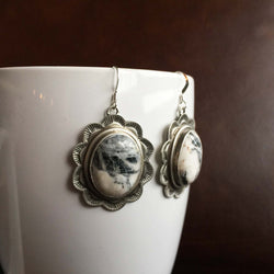 Beautiful Handmade Stamped Sterling Silver White Buffalo Oval Earrings