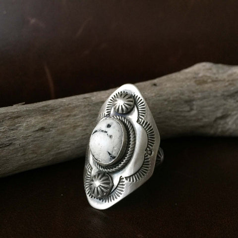 Beautiful Handmade Sterling Silver Stamped Overlay White Buffalo Ring Size 8