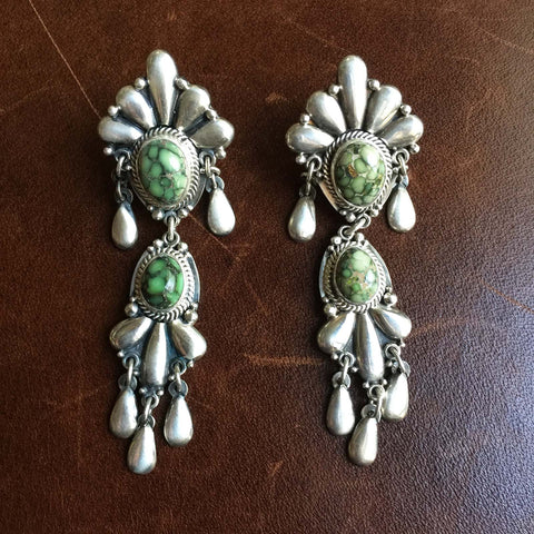 Navajo Handmade Sterling Silver Demele Turquoise Triangular Dangle Earrings