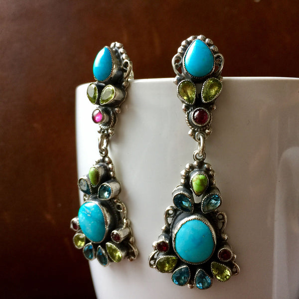 Natural Sleeping Beauty Turquoise with mixed Topaz Earrings Leo Feeney