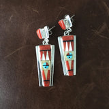 Sterling Silver Red Coral Inlay with Native Design Dangle Earrings