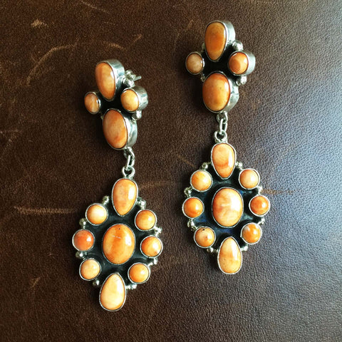 Beautiful Sterling Silver Mini Cluster Light Orange Spiny Oyster Dangle Earrings