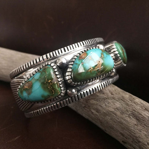 Luxurious Handmade Sterling Silver 3-Stone Royston Turquoise Bracelet