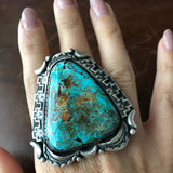 Large Sterling Silver Triangle Single Stone Royston Turquoise Ring Size 10