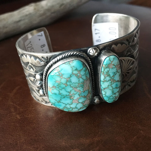 Light Blue Carico Lake Turquoise Stamped Sterling Silver Overlay Bracelet Cuff