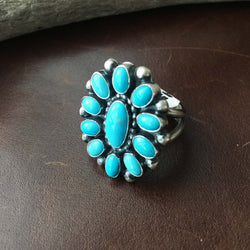 Handmade Sterling Sleeping Beauty Turquoise Flower Cluster Ring Size 9