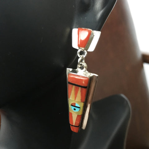 Sterling Silver Red Coral Inlay with Native Design Dangle Earrings