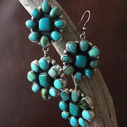 Double Flower Cluster Dangle Carico Lake Turquoise Earrings Sterling Signed