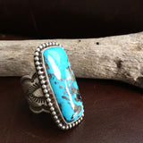 Beautiful Natural Blue Persian Turquoise with Pyrite Long Rectangle Ring Size 7