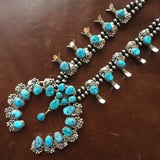 Oxidized Sterling Sleeping Beauty Turquoise with Pyrite Squash Blossom Necklace