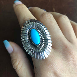 Blooming Crysanthemum Sleeping Beauty Turquoise Ring Signed Marita Benally