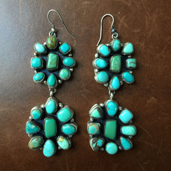 Beautiful Handmade Carico Lake Turquoise 2-Flower Cluster Dangle Earrings