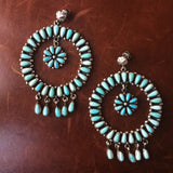 Huge Hoop Circle Campitos Turquoise Statement Earrings Flower Cluster Signed