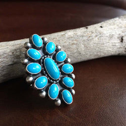 Beautiful Navajo Sterling Clustered Sleeping Beauty Turquoise Flower Ring Size 7