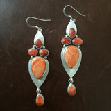 Elegant Orange and Red Spiny Oyster Long Dangle Sterling Eariings Handmade