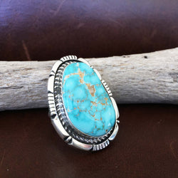 Large Handmade Sterling Silver Single Stone Seagreen Carico Lake Ring Size 7