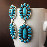 Kingman Long Earrings Cluster Flower Merenci Turquoise with Pyrite Signed
