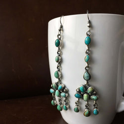 Beautiful Handmade Sterling Silver Carico Lake Mini Cluster Long Dangle Earrings