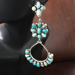 Long Dangle Sterling Cluster Carico Lake Turquoise Earrings Handmade Signed
