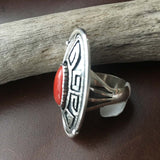 Beautiful Long Bright Red Coral Sterling Ring Signed Marita Benally Size 8
