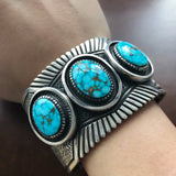 For Men Large Stamped Sterling Silver Turquoise Mountain Statement Bracelet