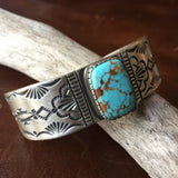 Natural #8 Turquoise Stamped Sterling Silver Bracelet Signed Lorenzo Juan