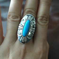 Thunderbird Sterling Natural Sleeping Beauty Navajo Ring by Marita Benally Sz 8