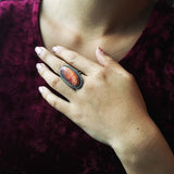 Beautiful Long Oval Spiny Oyster with Red Matrix Sterling Silver Ring Size 7