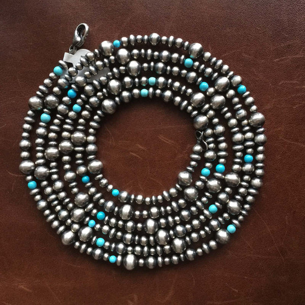 Navajo 60 Inch Necklace Chain with Varied Size Navajo and Turquoise Beads