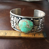 Natural Carico Lake Turquoise Sterling Silver Flower Overlay Bracelet Cuff