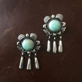 Flower Sterling Earrings Carico Lake Green Turquoise with Tiny Dangle Signed