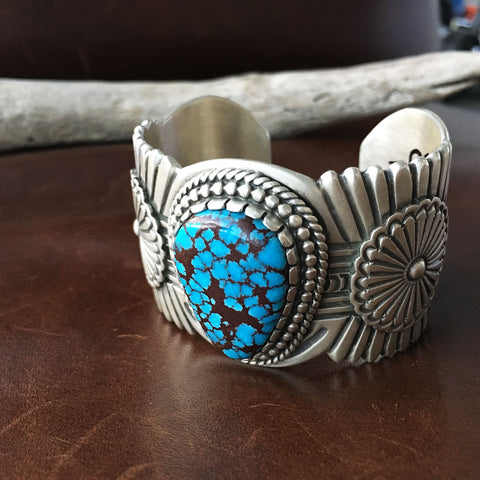 Large Single Egyptian Turquoise Stamped Sterling Silver Bracelet Cuff
