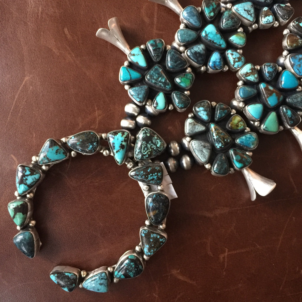 Vintage Carico Lake Turquoise Cluster Squash Blossom Oxidized Necklace ...