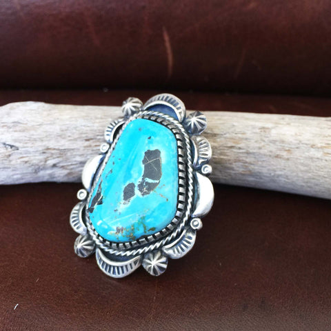 Beautiful Large Handmade Sterling Silver Deep Blue Moon Turquoise Ring Size 7