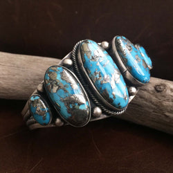 Classic Handmade Sterling Silver 5-Stone Persian with Pyrite Turquoise Bracelet